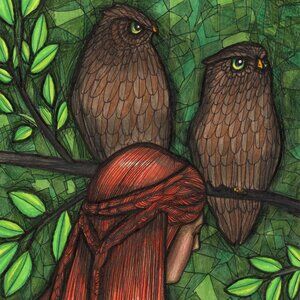 Owls, bird, original art, bird art, sale woman, figurative drawing